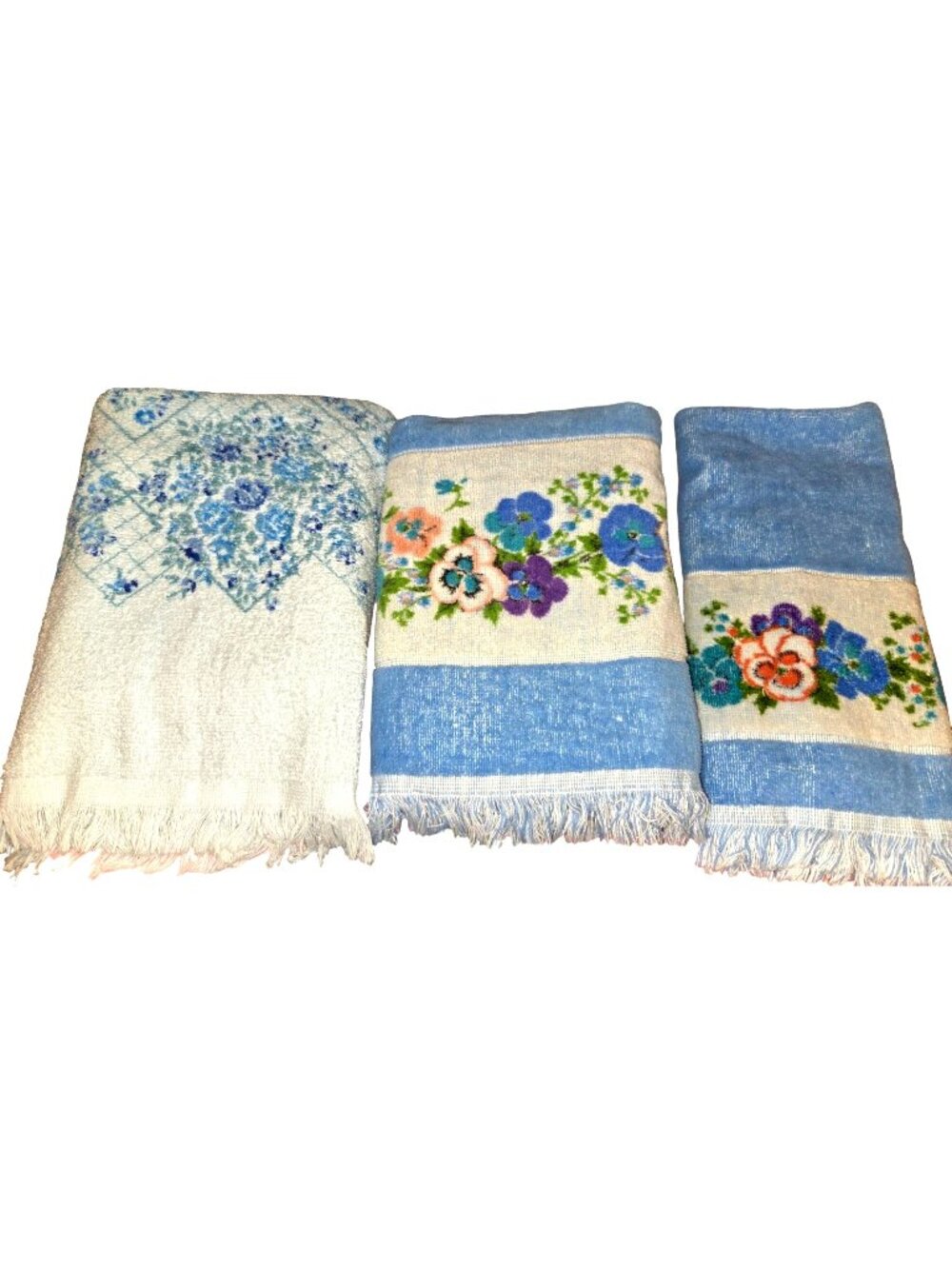 Vintage Floral Blue White Fringed Bath Towel Set Of 3 Woven Patterns